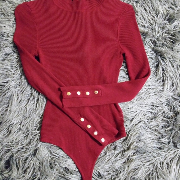 Hera Ribbed knit open back thong bodysuit Maroon M - Picture 2 of 7